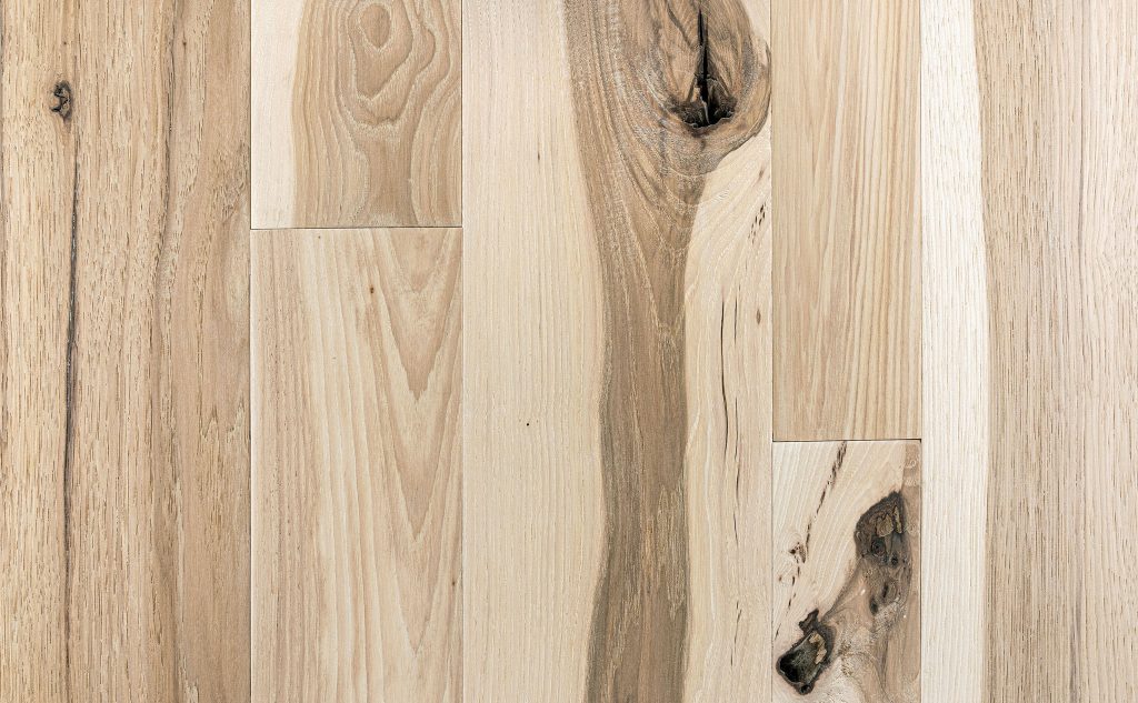 Hickory hardwood flooring with foot worn texture.