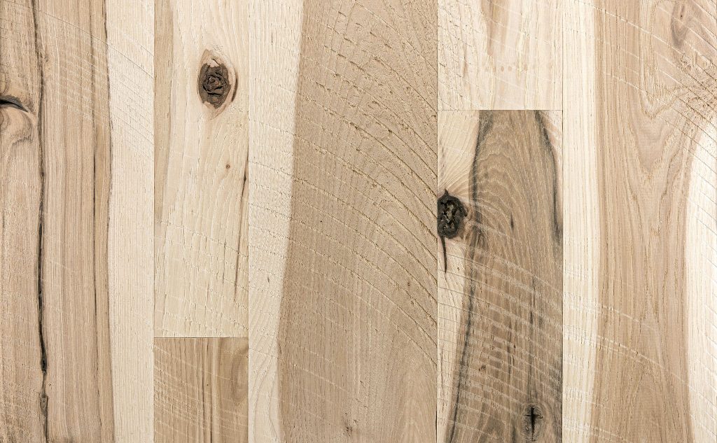 Hickory hardwood flooring with skip sawn texture.