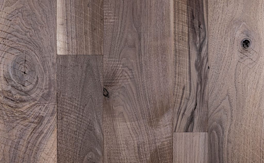 Walnut hardwood flooring with skip sawn texture.